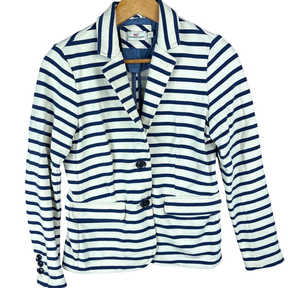 Vineyard Vines Striped Knit Blazer Womens Small Navy White Nautical Cotton Lined